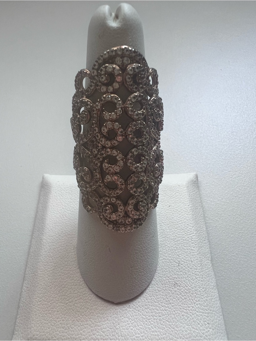 Sterling Silver Rose Gold Gilt Pave Scrollwork Filigree Design Ring Size 7